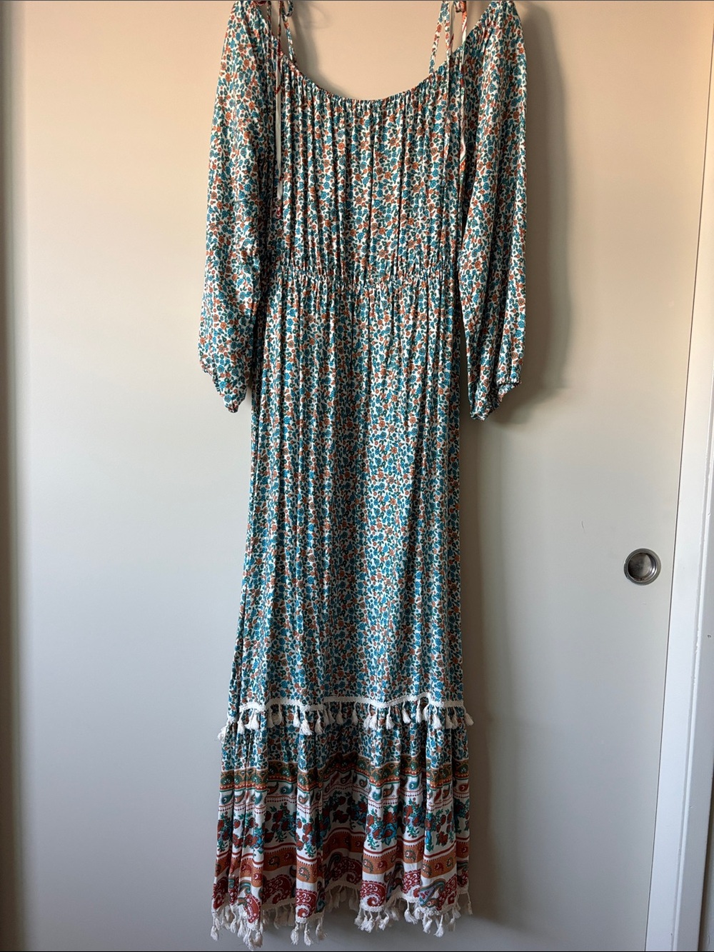 Beautiful Bohemian Floral Maxi Dress with Tassel Hem